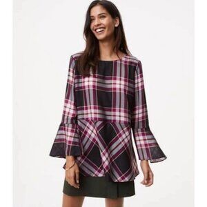 LOFT Plaid Bell Sleeve Blouse Tie Bow Back Tartan Top S 100% Lyocell Flowy Women